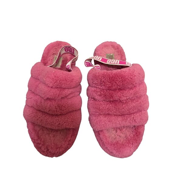 UGG Women's Pink Fluffy Shearling Slide Slippers With Elastic Strap Size 6 - Picture 1 of 10